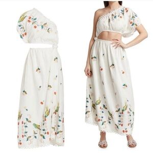 FARM Rio White One Shoulder Dress with Colorful Bird Print